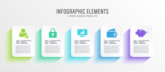 Vector infographic design template. Five steps horizontal infographic layout with business icons