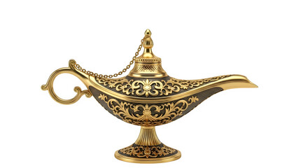 Ornate golden genie lamp with a classic design and intricate floral patterns, evoking tales of magic and wishes in Arabian Nights stories