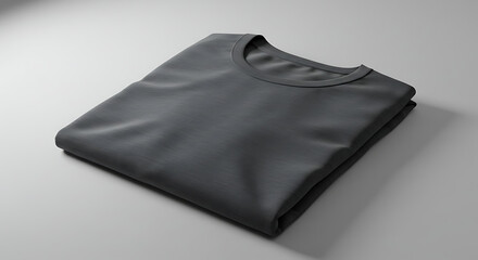 A plain dark grey folded t shirt with a crew neck isolated on white background