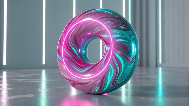 3 D render of a swirling pink and teal torus with a neon pink ring in a futuristic room 3d render abstract