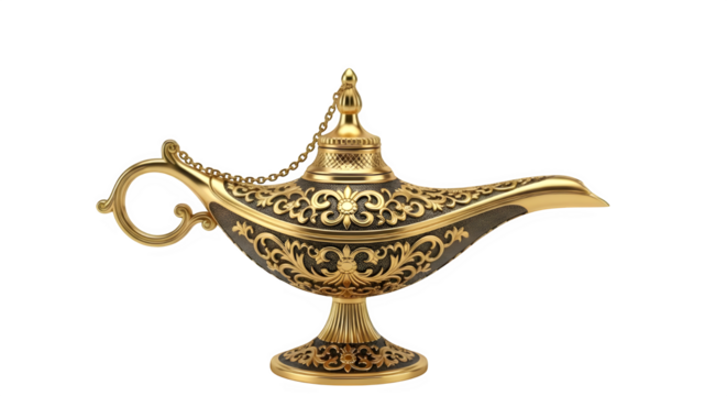 Ornate golden genie lamp with a classic design and intricate floral patterns, evoking tales of magic and wishes in Arabian Nights stories