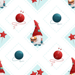 Seamless rhombus pattern with cute gnomes and wool knitting threads. Geometric vector sew texture with sewing pins.