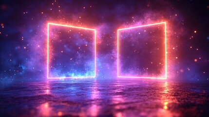 Neon square frames in dark scene
