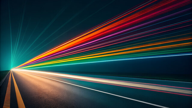 Abstract light trails of red orange yellow green blue and purple streaks on a dark road at night speed