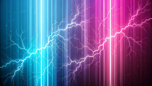 Electric energy bolts in vibrant blue and pink vertical light streaks with glowing particles abstract