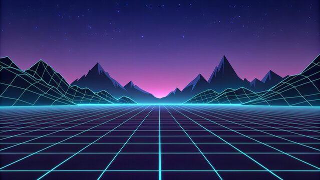 Neon grid landscape with wireframe mountains and starry purple sky retro futuristic