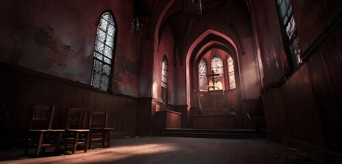 Old church interior cloaked in shadow with washed-out crimson hues