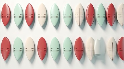 Fototapeta premium Surfboard arrangement with red green and cream colors in a repeating pattern on a white background