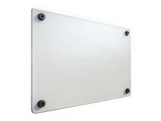 Blank white rectangular sign with rounded corners held by four black screws isolated on transparent background