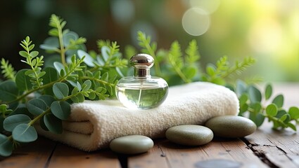 A clear glass perfume bottle with a silver cap rests on a cream-colored towel atop smooth stones and eucalyptus sprigs on a rustic wooden surface, bathed in soft, natural light