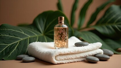 A glass perfume bottle with an ornate gold design sits on a white towel, surrounded by gray stones and lush green leaves against a muted brown background.  