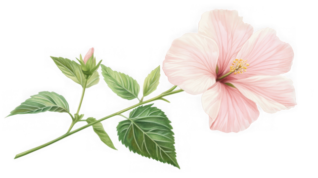 Delicate pink hibiscus flower with green leaves isolated on transparent background - Powered by Adobe