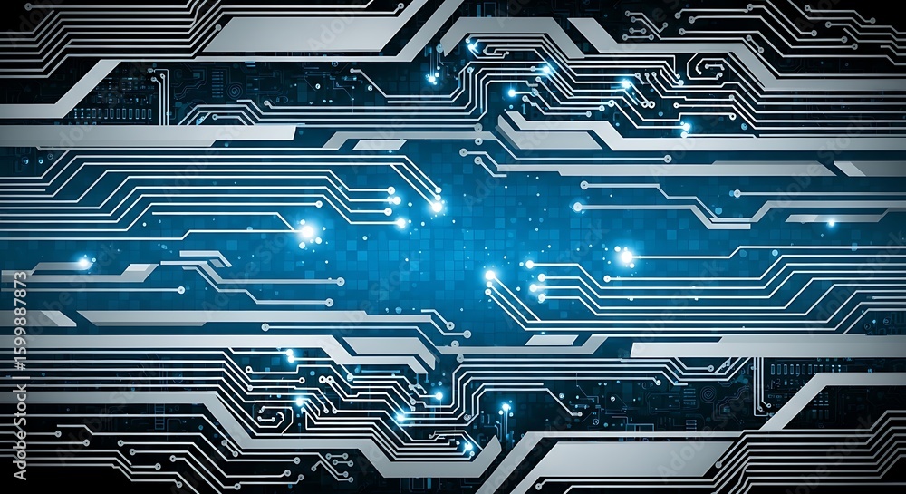 Poster modern circuit board pattern with glowing elements on blue background