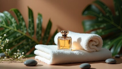 A golden perfume bottle rests atop neatly folded white towels, flanked by lush green leaves, small white flowers, and smooth gray stones against a warm beige background, bathed in sunlight