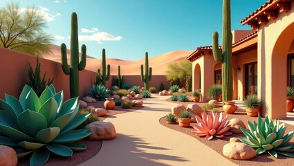 A sun-drenched desert landscape showcasing a Southwestern-style home with a meticulously landscaped pathway featuring succulents, cacti, and terracotta pots, 