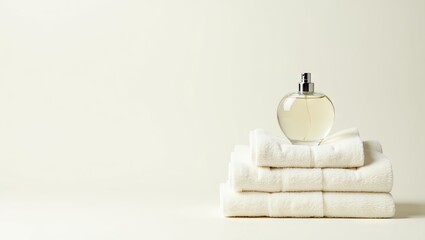 A neatly stacked pile of three fluffy white towels sits on a light beige background, topped with a clear, round glass perfume bottle with a silver atomizer