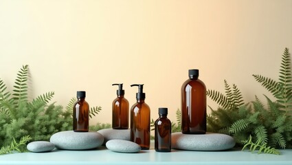 Amber glass bottles of varying sizes and shapes rest on gray stones, flanked by lush green ferns against a pale yellow background, suggesting a spa or natural beauty product setting