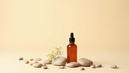 Amber glass dropper bottle of essential oil sits amongst smooth gray stones and delicate yellow wildflowers on a pale yellow background