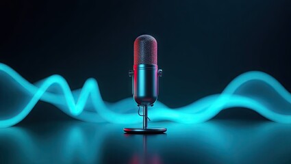Retro microphone on a stand, illuminated by vibrant cyan and red neon light waves reflecting on a dark, glossy surface.  The microphone appears metallic, with a textured top