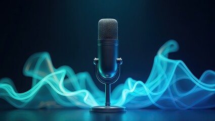 A metallic microphone on a stand sits center, backlit by vibrant teal, wave-like light trails against a dark background.  The scene is sleek, modern, and suggestive of audio recording or broadcasting