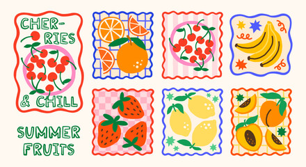 Summer fruits vector print designs. Bright tropical exotic fruits and berries illustrations in wavy frames