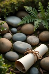 A rolled parchment tied with twine rests amidst smooth stones and lush greenery on a bed of moss, suggesting tranquility and nature