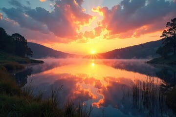 A peaceful sunrise over a tranquil lake, reflecting the serenity and hope found in Christian faith Perfect for religious websites, blogs, or inspirational media , solace, love