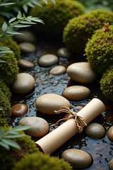 A rolled parchment tied with twine rests amidst smooth stones in a tranquil, moss-covered stream bed, nestled within lush greenery