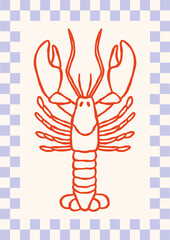 Outline sea lobster vector illustration. Minimalist retro poster design with ocean creature