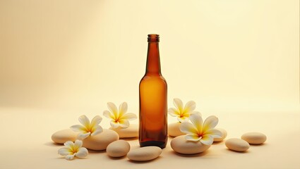 Amber glass bottle centered on pale beige background, surrounded by smooth, light beige stones and several delicate white plumeria blossoms.  Soft, serene lighting