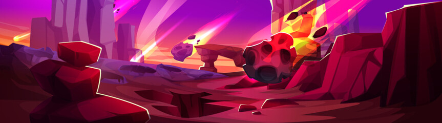 Vibrant alien planet landscape with crystalline formations - purple sky, falling fire asteroid rock in otherworldly terrain for sci fi game environment or futuristic exploration scene artwork.