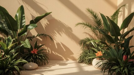 Fototapeta premium Tropical Garden Oasis: A vibrant assortment of lush, green tropical plants, creating a serene, natural sanctuary in a modern, minimalist setting.