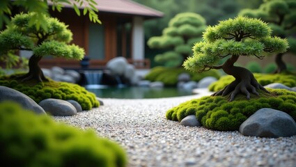 Serene miniature garden featuring two bonsai trees, moss-covered rocks, gravel path, small pond with waterfall, and a partially visible traditional-style house in the background