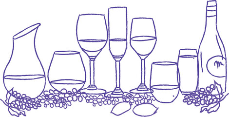 Elegant hand-sketched wine scene in purple line art featuring bottles, glasses, carafe, grapes, and citrus. Sophisticated vector perfect for artisanal branding, wine tastings, or culinary visuals.