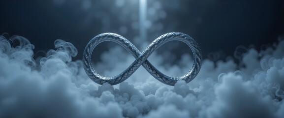Silver infinity symbol floating over smoky background, highlighted by a single beam of cool light.