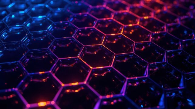 Hexagonal Abstraction: a captivating close-up of a network of interconnected hexagons. Illuminated with a spectrum of vibrant colors. A modern and intriguing image with geometric precision.
