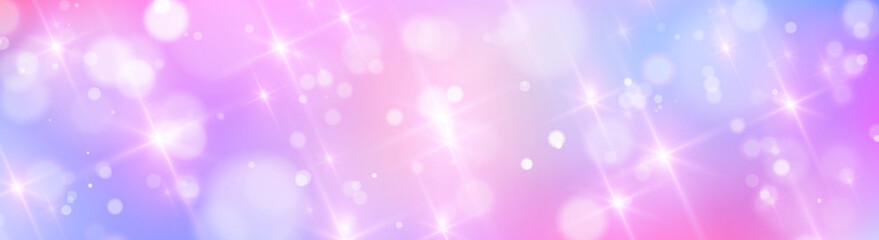 Dreamy unicorn background with sparkle effect - soft purple gradient bokeh lights, magical glowing particles, shimmering fantasy texture for princess party, birthday celebration or fairy tale design. © klyaksun