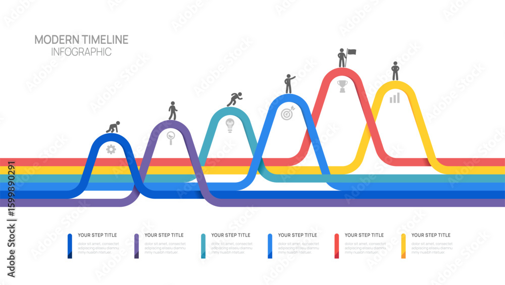 Wall mural infographic flow chart mountain business 6 steps to success template with icons vector design.