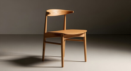 Elegant wooden chair with a modern design placed on a spotlighted stage with a dark background perfect for interior decor furniture and home furnishing themes