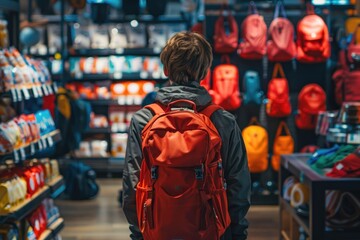 Obraz premium A male student a new red backpack in a store, the start of the Back to School season
