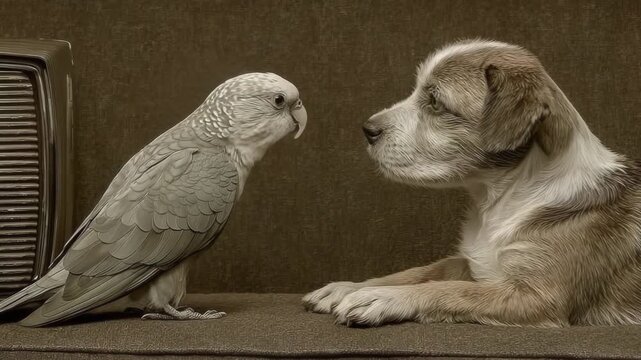 vintage dog and parrot photo, cozy vintage dog and parrot portrait, aesthetic vintage dog and parrot image, vintage animal, dog portrait, parrot companion