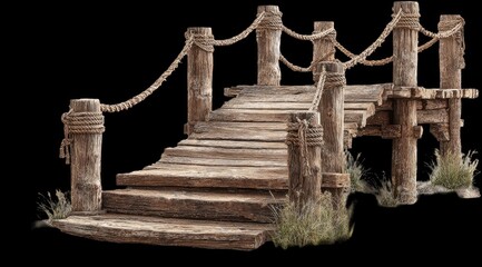Naklejka premium Wooden pier stairs with weathered wood and ropes