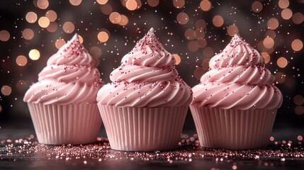 Three Pink Cupcakes with Rose Gold Sprinkles