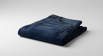Folded pair of dark blue jeans on a plain white background.