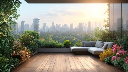Serene Urban Oasis: Rooftop Garden with City Skyline View