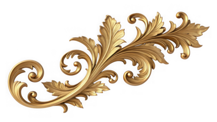 Elegant golden acanthus leaf scroll ornament isolated on transparent background