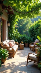 Fototapeta premium A sun-drenched patio with lush greenery, comfortable seating, and a refreshing drink, embodying a serene and luxurious outdoor lifestyle , oasis, greenery, healthy