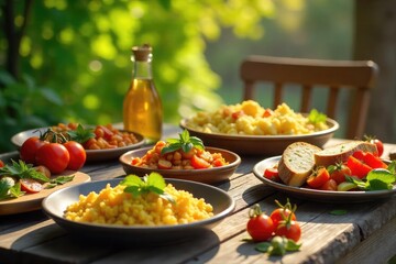 A sun-drenched table laden with vibrant vegetarian dishes; colorful vegetables, fresh herbs, and rustic bread create a scene of relaxed, healthy eating , wellbeing, serene