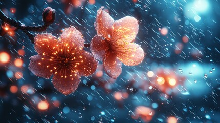 Enchanted Rain: Glowing Cherry Blossoms in the Night
