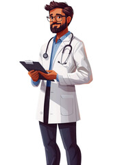 Confident doctor holding clipboard, wearing white coat and stethoscope, ready to assist patients